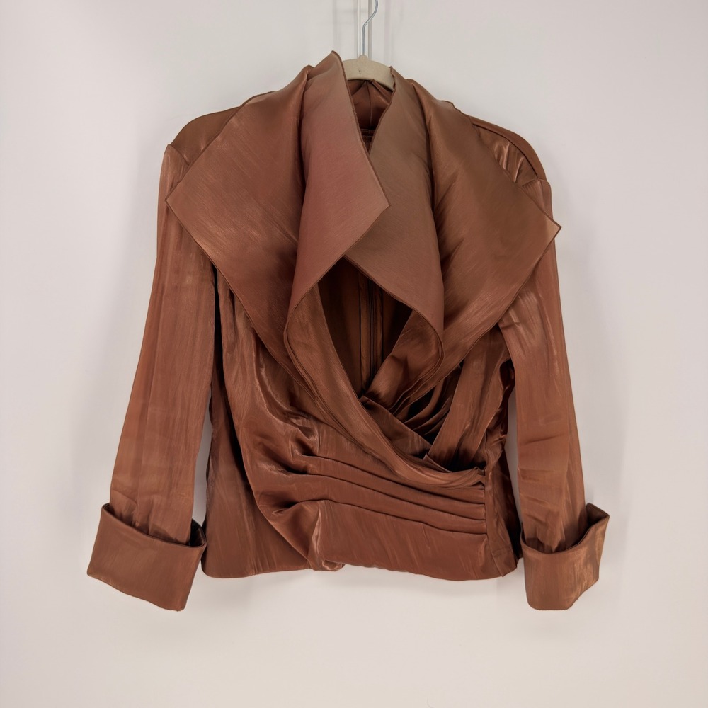 VTG Cachet Blouse Large Copper Brown Portrait Collar Pleated Shimmer Avant Garde